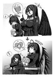 Rule 34 | 2girls, 2koma, ankoku kishi m, antenna hair, armchair, doodle sensei (blue archive), arrow (symbol), blue archive, blunt bangs, blush, cameo, chair, choker, comic, commentary request, feathered wings, food, gloves, greyscale, hair between eyes, halo, hasumi (blue archive), heart, highres, long hair, long sleeves, looking at another, monochrome, movie theater, multiple girls, hugging object, parted lips, pleated skirt, popcorn, school uniform, sensei (blue archive), serafuku, sharp teeth, sidelocks, silent comic, skirt, sleeping, sleeping upright, spoken character, spoken food, spoken heart, spoken sweatdrop, sweatdrop, teeth, thought bubble, tsurugi (blue archive), watching, wings, zzz