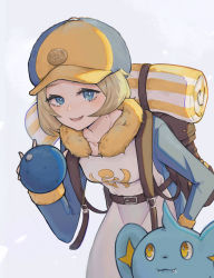 Rule 34 | 1girl, absurdres, apron, backpack, bag, belt, berry (pokemon), blonde hair, blue eyes, blue headwear, blue overalls, blush, breasts, brown bag, brown belt, collarbone, commentary request, creatures (company), eyelashes, fang, fingernails, fur trim, game freak, gen 4 pokemon, ginkgo guild uniform, hat, highres, holding, looking at viewer, medium breasts, mole, mole on neck, multicolored clothes, multicolored headwear, nintendo, open mouth, oran berry, overalls, pink lips, pokemon, pokemon (creature), pokemon legends: arceus, print apron, shinx, short hair, simuyutou, smile, teeth, tongue, tuli (pokemon), two-tone headwear, upper teeth only, white apron, yellow headwear