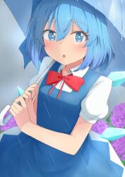 Rule 34 | 1girl, :o, absurdres, blue dress, blue eyes, blue hair, blue umbrella, blush, bow, bowtie, breasts, bright pupils, cirno, dress, hair between eyes, highres, holding, holding umbrella, ice, ice wings, looking at viewer, medium hair, mizune (winter), open mouth, outdoors, overcast, puffy short sleeves, puffy sleeves, rain, red bow, red bowtie, short sleeves, sky, small breasts, solo, touhou, umbrella, white pupils, wings