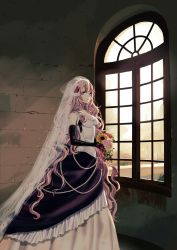 Rule 34 | 1girl, blue eyes, bouquet, breasts, bridal veil, cleavage, curly hair, dress, earrings, elbow gloves, flower, gloves, hair flower, hair ornament, highres, jewelry, long hair, looking at viewer, md5 mismatch, megurine luka, pink hair, solo, veil, very long hair, vient, vocaloid, wedding dress, window