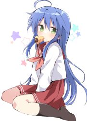 Rule 34 | 1girl, ahoge, between legs, black socks, blue hair, blush, chocolate cornet, colored eyelashes, commentary, dutch angle, food, food in mouth, full body, green eyes, hair between eyes, hand between legs, highres, izumi konata, kneehighs, long hair, long sleeves, looking at viewer, lucky star, mole, mole under eye, neckerchief, no shoes, pink neckerchief, pleated skirt, red sailor collar, red skirt, sailor collar, school uniform, serafuku, shirt, sidelocks, simple background, sitting, skirt, socks, solo, spiked hair, star (symbol), takepoison, very long hair, wariza, white background, white shirt