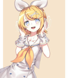 Rule 34 | 1girl, alternate costume, ascot, blonde hair, blue eyes, bow, bright pupils, buttons, detached sleeves, dress, female focus, frank lee (dfgh132), hair bow, hair ornament, hairclip, hands on headphones, hands on own head, headphones, headset, highres, kagamine rin, listening to music, looking at viewer, multicolored eyes, nail polish, neckerchief, open mouth, pastel colors, sailor collar, sailor dress, shirt, short hair, sleeveless, sleeveless shirt, smile, solo, vocaloid, sour model (mikumikudance), white pupils, yellow nails, yellow neckerchief