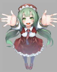 Rule 34 | 1girl, :d, azur lane, collarbone, collared shirt, dress, fangs, glowworm (azur lane), green eyes, green hair, highres, loafers, long hair, open mouth, outstretched arms, pantyhose, purple pantyhose, reaching, reaching towards viewer, red dress, red footwear, shirt, shoes, smile, solo, takenaka hideo, twintails, white shirt