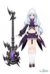 Rule 34 | 1girl, ahoge, asymmetrical sleeves, bare shoulders, blue eyes, bow, bowtie, detached sleeves, electric guitar, frilled shirt, frilled skirt, frills, guitar, instrument, kneehighs, long hair, low-tied long hair, miniskirt, navel, official art, open mouth, purple bow, purple bowtie, purple shirt, purple skirt, shirt, simple background, skirt, sleeveless, sleeveless shirt, socks, soulworker, stella unibell, uneven sleeves, white hair