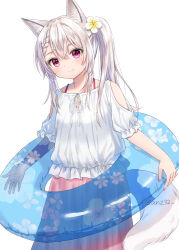 Rule 34 | 1girl, animal ears, anz32, braid, braided bangs, breasts, closed mouth, clothing cutout, commentary, flower, fox ears, fox girl, fox tail, frilled shirt, frills, grey hair, hair between eyes, hair flower, hair ornament, holding, holding swim ring, innertube, long hair, looking at viewer, original, pink skirt, pleated skirt, puffy short sleeves, puffy sleeves, purple eyes, shirt, short sleeves, shoulder cutout, side ponytail, simple background, skirt, small breasts, smile, solo, swim ring, symbol-only commentary, tail, transparent, twitter username, white background, white flower, white shirt