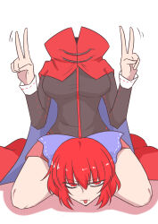 Rule 34 | 1girl, absurdres, between legs, between thighs, blue bow, bow, breasts, burijittou, cape, cloak, disembodied head, double v, dullahan, full body, highres, kneeling, large breasts, long sleeves, looking at viewer, miniskirt, red eyes, red hair, sekibanki, sekibanki day, short hair, skirt, solo, thighs, tongue, tongue out, touhou, v