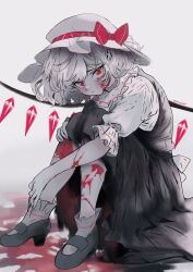 Rule 34 | 1girl, artist name, back bow, blood, blood on face, blood on leg, bow, closed mouth, commentary, english commentary, flandre scarlet, from side, full body, hat, hat ribbon, highres, hugging own legs, leaning forward, looking at viewer, mary janes, medium hair, mob cap, puffy short sleeves, puffy sleeves, red eyes, red ribbon, ribbon, shirt, shoes, short sleeves, simple background, skirt, socks, solo, spot color, theheavenpit, touhou, vest, white background, wings