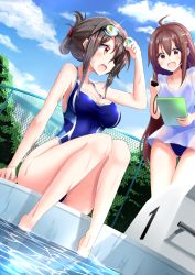 Rule 34 | 2girls, ahoge, blue one-piece swimsuit, breasts, brown eyes, brown hair, chain-link fence, cleavage, clipboard, competition swimsuit, dutch angle, fence, folded ponytail, goggles, goggles on head, highleg, highleg swimsuit, long hair, minato yoshihiro, moe2017, multiple girls, one-piece swimsuit, open mouth, original, poolside, see-through, shirt, short hair, sitting, starting block, stopwatch, swimsuit, swimsuit under clothes, t-shirt, watch, water