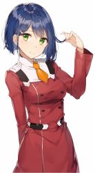 Rule 34 | 10s, 1girl, arm up, blue hair, blush, breasts, closed mouth, commentary request, cosplay, darling in the franxx, dress, fingernails, green eyes, ichigo (darling in the franxx), long sleeves, looking at viewer, medium breasts, necktie, orange necktie, red dress, revision, rikoma, short hair, short necktie, simple background, smile, solo, white background, zero two (darling in the franxx), zero two (darling in the franxx) (cosplay)