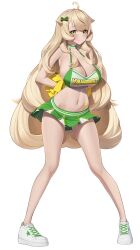 Rule 34 | 1girl, ahoge, arms behind back, bare shoulders, blonde hair, blush, bow, breasts, cheerleader, cleavage, closed mouth, commentary, full body, green eyes, hair bow, hantata, heart sticker, highres, large breasts, long hair, looking at viewer, navel, pleated skirt, pom pom (cheerleading), remind, shoes, simple background, skirt, smile, sneakers, solo, sports bra, standing, star sticker, sticker on face, sticker on stomach, stomach, very long hair, virtual youtuber, white background, white footwear