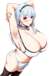 Rule 34 | 1girl, anchor choker, apron, armpits, arms up, ass, azur lane, blue hair, blush, breasts, cleavage, closed mouth, collarbone, commentary request, cowboy shot, dido (azur lane), frilled apron, frills, hair ornament, highres, huge breasts, kusahagane, long hair, looking at viewer, navel, pink eyes, smile, solo, standing, thighhighs, thighs, white apron, white hair