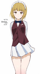 Rule 34 | 1girl, amasora taichi, arms behind back, bartender, black bow, black bowtie, blonde hair, blunt bangs, blush, bow, bowtie, brown vest, character name, closed mouth, commentary request, cutlass (girls und panzer), dated, dress shirt, girls und panzer, handkerchief, highres, light blush, long sleeves, looking at viewer, maid headdress, miniskirt, one-hour drawing challenge, partial commentary, pleated skirt, school uniform, shirt, short hair, skirt, solo, standing, twitter username, vest, white shirt, white skirt, wing collar, yellow eyes
