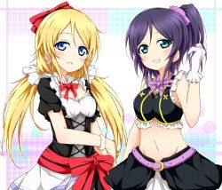 Rule 34 | 10s, 2girls, alternate hairstyle, aqua eyes, ayase eli, blonde hair, blue eyes, blush, bow, bracelet, earrings, gloves, grin, hair bow, hairstyle switch, hand in own hair, jewelry, karamoneeze, looking at viewer, love live!, love live! school idol project, low twintails, midriff, multiple girls, navel, no brand girls, ponytail, puffy sleeves, purple hair, sash, scrunchie, shirt, short sleeves, skirt, skirt set, sleeveless, sleeveless shirt, smile, tojo nozomi, twintails, white gloves