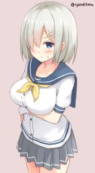 Rule 34 | &gt;:/, 10s, 1girl, :/, arms at sides, blue eyes, blush, breasts, chaa (korone-ze), closed mouth, collarbone, cowboy shot, gloves, grey background, grey hair, grey skirt, hair ornament, hair over one eye, hairclip, hamakaze (kancolle), highres, kantai collection, large breasts, looking at viewer, neckerchief, pleated skirt, school uniform, serafuku, short hair, simple background, skirt, solo, standing, sweatdrop, twitter username, v-shaped eyebrows, white gloves, yellow neckerchief
