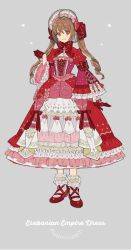 Rule 34 | 1girl, ahoge, alternate costume, alternate hairstyle, bonnet, bow, brown hair, dress, eiyuu densetsu, estelle bright, frilled dress, frilled sleeves, frills, gloves, highres, lolita fashion, long hair, looking at viewer, nishihara isao, red eyes, red gloves, ribbon, smile, solo, sora no kiseki, twintails
