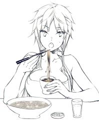 Rule 34 | 1girl, bare shoulders, bowl, chopsticks, collarbone, commentary request, cup, eating, facing viewer, food, genderswap, genderswap (mtf), glass, greyscale, hair ornament, holding, holding chopsticks, holding food, izumi kouhei, long hair, looking at viewer, low twintails, monochrome, noodles, open mouth, pepper fever, simple background, sitting, sleeveless, solo, twintails, upper body, water, white background, world trigger