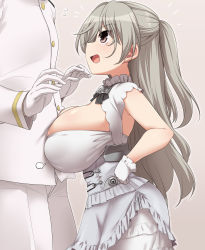 Rule 34 | 1boy, 1girl, admiral (kancolle), blush, breast press, breasts, brown eyes, cleavage, conte di cavour (kancolle), dress, flying sweatdrops, frills, gloves, gradient background, grey background, grey hair, hat, highres, huge breasts, kantai collection, long hair, military, military uniform, naval uniform, one side up, open mouth, oppai loli, pants, shortstack, uniform, white dress, white gloves, white legwear, white pants, yoshi tama