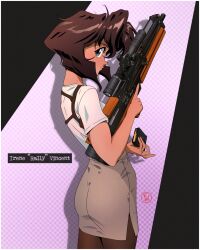 Rule 34 | 1girl, absurdres, ammunition, artist logo, black eyes, border, brown hair, brown pantyhose, brown skirt, bullet, bullpup, character name, closed mouth, commentary, cowboy shot, dark-skinned female, dark skin, english commentary, expressionless, fritz willie, from side, gun, gunsmith cats, high-waist skirt, highres, holding, holding gun, holding magazine (weapon), holding weapon, holster, looking at viewer, magazine (weapon), pantyhose, pencil skirt, profile, rally vincent, rifle, rifle cartridge, scope, shadow, shirt, short hair, short sleeves, shoulder holster, sideways glance, skirt, sniper rifle, solo, standing, trigger discipline, walther, walther wa 2000, weapon, white border, white shirt