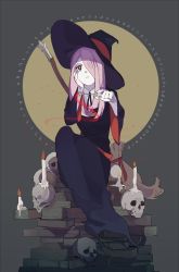 Rule 34 | 10s, 1girl, book, broom, brown hair, hair over one eye, hand on own cheek, hand on own face, hat, highres, little witch academia, long hair, red eyes, simple background, sitting, skull, solo, sucy manbavaran, wand, witch, witch hat, xenos