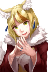 Rule 34 | 1girl, animal ears, blonde hair, blush, brown hair, fang, fire emblem, fire emblem fates, fox ears, fox tail, fur trim, green eyes, highres, multicolored hair, nintendo, open mouth, portrait, selkie (fire emblem), simple background, solo, tail, two-tone hair, white background, yasaidon