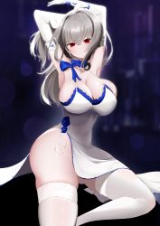 Rule 34 | 1girl, absurdres, armpits, ass, azur lane, bare shoulders, blue bow, bow, breasts, cross, cross earrings, dress, earrings, elbow gloves, evening gown, fingerless gloves, gloves, grey hair, hands up, highres, jewelry, large breasts, looking at viewer, nicorima, no bra, no panties, red eyes, saint-louis (azur lane), saint-louis (holy knight&#039;s resplendence) (azur lane), saint-louis (holy knight&#039;s resplendence) (azur lane), side slit, skindentation, sleeveless, sleeveless dress, solo, thighhighs, white gloves, white thighhighs