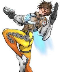Rule 34 | 1girl, black gloves, bodysuit, bomber jacket, brown eyes, brown hair, dual wielding, gggg, gloves, goggles, gun, highres, holding, jacket, leg lift, md5 mismatch, overwatch, overwatch 1, resized, shoes, short hair, sneakers, solo, tracer (overwatch), weapon
