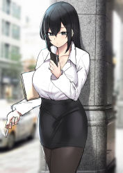 Rule 34 | 1girl, absurdres, black hair, black pantyhose, black skirt, blurry, blurry background, breasts, cellphone, cigarette, cleavage, collared shirt, commentary request, dress shirt, folder, grey eyes, hair between eyes, highres, holding, holding cigarette, holding folder, holding phone, k jin, large breasts, looking at phone, miniskirt, motor vehicle, office lady, original, outdoors, pantyhose, phone, pillar, shirt, shirt tucked in, skirt, smartphone, standing, white shirt