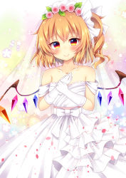 Rule 34 | 1girl, alternate costume, bad id, bad pixiv id, bare shoulders, blonde hair, blush, collarbone, commentary request, dress, flandre scarlet, flower, frilled dress, frills, gloves, hair flower, hair ornament, highres, jewelry, looking at viewer, miy@, necklace, off-shoulder dress, off shoulder, pearl necklace, petals, pink flower, pink rose, red eyes, rose, short hair, side ponytail, smile, solo, standing, touhou, veil, wedding dress, white dress, white gloves, wings
