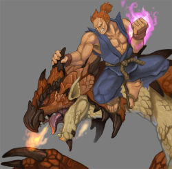 Rule 34 | 1boy, abs, aimani, akuma (street fighter), aura, bad id, bad pixiv id, capcom, company connection, crossover, dark-skinned male, dark skin, dougi, dragon, fangs, fire, glowing, glowing hand, horns, male focus, monster hunter (series), muscular, rathalos, red hair, rope, sandals, short hair, simple background, sleeveless, street fighter, topknot