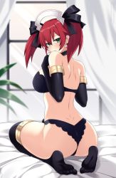 Rule 34 | 1girl, ass, bare shoulders, blush, bra, breasts, cameltoe, cave (neptunia), dimples of venus, elbow gloves, embarrassed, fingerless gloves, from behind, gloves, green eyes, hair ribbon, headdress, highres, large breasts, lindaroze, long hair, looking at viewer, looking back, neptune (series), panties, red hair, ribbon, shiny skin, sideboob, solo, thick thighs, thighhighs, thighs, thong, twintails, underwear