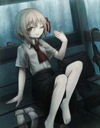 Rule 34 | 1girl, animal, ascot, barefoot, bench, black skirt, blonde hair, collared shirt, frog, hair ribbon, highres, one eye closed, open mouth, red ascot, red eyes, red ribbon, ribbon, rumia, shirt, short hair, short sleeves, sitting, skirt, solo, spark621, touhou, umbrella, white shirt, wooden bench