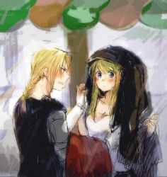 Rule 34 | 1boy, 1girl, annoyed, automail, bad id, bad twitter id, black shirt, blonde hair, blue eyes, blurry, blurry background, blush, borrowed clothes, braid, coat, coat over head, unworn coat, commentary, edward elric, frown, fullmetal alchemist, jacket, unworn jacket, long hair, looking at another, open mouth, rain, shirt, sleeveless, sweatdrop, tsukuda0310, white shirt, winry rockbell, yellow eyes