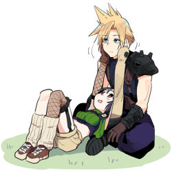 Rule 34 | 1boy, 1girl, :d, black hair, blonde hair, blue eyes, breasts, bright pupils, brown eyes, brown footwear, brown gloves, brown shorts, closed mouth, cloud strife, crop top, final fantasy, final fantasy vii, fishnet thighhighs, fishnets, frown, garter straps, gloves, hands on another&#039;s face, loose socks, lying, on back, open mouth, ribbed legwear, shoes, shorts, shoulder pads, single glove, single thighhigh, sitting, small breasts, smile, socks, spiked hair, thighhighs, tonmoh, turtleneck, white background, white pupils, yuffie kisaragi