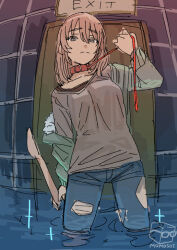 1girl blue_pants collar commentary_request exit_sign girls_band_cry grey_eyes grey_hair grey_sweater hair_between_eyes hakutounomizu holding holding_leash kawaragi_momoka leash long_hair long_sleeves looking_at_viewer pants partially_submerged red_collar solo sweater torn_clothes torn_pants