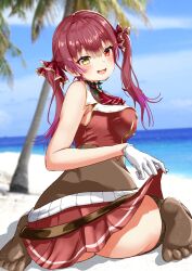 Rule 34 | 1girl, absurdres, bare shoulders, feet, gloves, heterochromia, highres, hololive, houshou marine, lingmu, looking at viewer, open mouth, red eyes, red hair, short hair, solo, twintails, virtual youtuber, white gloves, yellow eyes