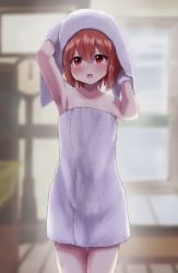 Rule 34 | 1girl, armpits, arms up, blurry, blurry background, blush, brown eyes, brown hair, commission, drying, hair between eyes, highres, ikazuchi (kancolle), kantai collection, naked towel, open mouth, pixiv commission, short hair, solo, towel, towel on head, unagiman, wet, wet hair