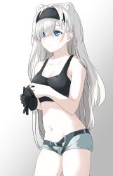 Rule 34 | 1girl, absurdres, animal ears, arknights, aurora (arknights), bare arms, bare shoulders, bear ears, black gloves, black hairband, black tank top, blue eyes, breasts, cleavage, collarbone, commentary request, cowboy shot, crop top, gloves, gradient background, grey background, grey hair, grey shorts, hair over one eye, hairband, highres, long hair, medium breasts, midriff, navel, neti (cpu11151), partial commentary, short shorts, shorts, smile, solo, standing, stomach, tank top, thighs, very long hair, white background