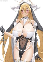 Rule 34 | 1girl, absurdres, artist name, azur lane, bare shoulders, black gloves, blonde hair, breast cutout, breasts, cleavage, covered navel, cowboy shot, cross, fake horns, gloves, habit, hair between eyes, half gloves, heiyu corleone, highres, holding, holding cross, horns, huge breasts, implacable (azur lane), long hair, looking at viewer, no panties, nun, pelvic curtain, red eyes, revealing clothes, see-through, simple background, skindentation, solo, thighhighs, very long hair, white horns, white thighhighs