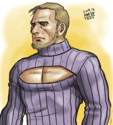 Rule 34 | 1boy, beard, blue eyes, brown hair, cleavage cutout, clothing cutout, facial hair, gradient background, male focus, manly, matataku, meme attire, nose, open-chest sweater, pectorals, ribbed sweater, short hair, solo, sweater, turtleneck