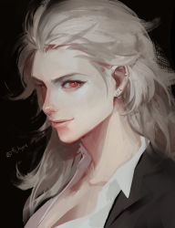 Rule 34 | 1girl, absurdres, dorohedoro, earrings, formal, highres, jewelry, long hair, looking at viewer, muscular, muscular female, noi (dorohedoro), portrait, red eyes, shirt, simple background, smile, solo, ss hyne, suit, upper body, white hair