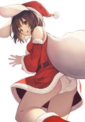 Rule 34 | 1girl, :d, absurdres, animal ears, ass, bare shoulders, belt, bobblehat, breasts, carrying over shoulder, detached sleeves, dress, from behind, from below, fur-trimmed dress, fur-trimmed headwear, fur-trimmed sleeves, fur trim, hat, highres, inaba tewi, leg up, long sleeves, looking at viewer, looking back, looking down, mamemochi, open mouth, panties, rabbit ears, rabbit girl, rabbit tail, red eyes, red hat, sack, santa costume, santa dress, santa hat, short hair, simple background, small breasts, smile, solo, tail, touhou, underwear, white background, white panties
