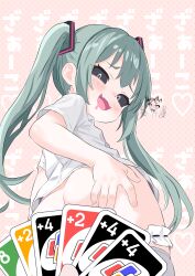 absurdres ass black_sclera bottomless card colored_sclera convenient_censoring drooling eyelashes harioqi hatsune_miku highres long_hair mesugaki mimukauwa_nice_try_(vocaloid) playing_card spread_ass twintails uno_(game) vocaloid