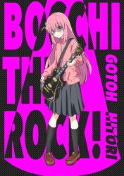Rule 34 | 1girl, absurdres, anime coloring, bass guitar, black background, black skirt, black socks, blue eyes, blush, bocchi the rock!, brown footwear, character name, clip studio paint (medium), closed mouth, copyright name, eyes visible through hair, full body, gotoh hitori, hair between eyes, hair ornament, highres, holding, holding instrument, instrument, jacket, kneehighs, loafers, long hair, long sleeves, looking at viewer, making-of available, paranoid, pink background, pink hair, pink jacket, pleated skirt, polka dot, polka dot background, ryoha kosako, shaded face, shoes, skirt, socks, solo, standing, video thumbnail