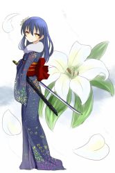 Rule 34 | 10s, blue hair, flower, from side, fur trim, hair flower, hair ornament, japanese clothes, katana, kimono, lily (flower), looking to the side, love live!, love live! school idol festival, love live! school idol project, obi, petals, sash, sheath, shipii (jigglypuff), solo, sonoda umi, standing, sword, unsheathed, weapon, yellow eyes