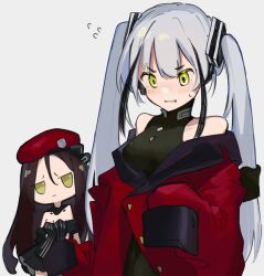 Rule 34 | 2girls, bare shoulders, beret, black dress, blush, brown hair, chesed (uporyz), chibi, commentary request, destroyer (girls&#039; frontline), dreamer (girls&#039; frontline), dress, embarrassed, girls&#039; frontline, green eyes, grey background, grey hair, griffin &amp; kryuger military uniform, hat, highres, jacket, looking down, multiple girls, off shoulder, red headwear, red jacket, sangvis ferri, simple background, sleeves past wrists, sweat, twintails