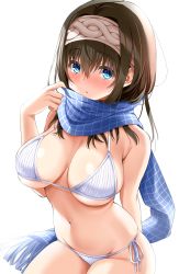 Rule 34 | 1girl, arm behind back, arm support, armpit crease, bare arms, bare shoulders, bikini, black hair, blue eyes, blue scarf, blush, breasts, brown hair, cleavage, collarbone, commentary request, cowboy shot, enpera, fringe trim, hair between eyes, hair intakes, hairband, hand up, highres, idolmaster, idolmaster cinderella girls, invisible chair, large breasts, long hair, looking at viewer, natsu (nattiyann), navel, nose blush, open mouth, parted lips, plaid, plaid scarf, sagisawa fumika, scarf, scarf pull, side-tie bikini bottom, sidelocks, simple background, sitting, skindentation, solo, stomach, swimsuit, thighs, white background, white bikini
