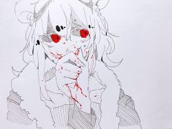Rule 34 | 1girl, blood, blood on face, blood on hands, character request, commentary request, copyright request, fur collar, greyscale, hair between eyes, highres, long hair, long sleeves, looking to the side, monochrome, outo eguchi, red eyes, solo