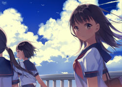 Rule 34 | 3girls, :d, ahoge, bag, bird, black skirt, blue sky, blunt bangs, brown eyes, brown hair, closed mouth, cloud, cloudy sky, commentary request, contrail, day, dove, floating hair, lips, long hair, looking at viewer, looking back, looking to the side, low twintails, multiple girls, neckerchief, open mouth, original, outdoors, over shoulder, pleated skirt, ponytail, profile, railing, red neckerchief, salt (salty), school bag, school uniform, serafuku, shirt, short hair, short sleeves, shoulder bag, skirt, sky, smile, solo focus, teeth, twintails, upper body, white shirt, wind
