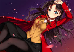 Rule 34 | 1girl, arm on own head, black skirt, blue eyes, blush, breasts, brown hair, cherry blossoms, dutch angle, fate/stay night, fate (series), gem, holding, holding jewelry, holding necklace, homurahara academy school uniform, jacket, jewelry, long coat, looking at viewer, medium breasts, neck ribbon, necklace, pantyhose, parted lips, petals, purple background, red jacket, ribbon, school uniform, shirt, skirt, solo, sunege (hp0715), tohsaka rin, vest, white shirt, yellow vest
