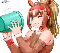 Rule 34 | 10s, 1girl, 2017, ;t, animal ears, bare shoulders, blonde hair, brown eyes, brown hair, brown sports bra, bucket, chestnut thoroughbred (kemono friends), commentary request, dated, detached sleeves, extra ears, food, food on face, from side, hands up, happa (cloverppd), holding, holding bucket, horse ears, horse girl, kemono friends, long hair, looking at viewer, looking to the side, motion lines, multicolored hair, partial commentary, ponytail, signature, simple background, solo, sports bra, upper body, white background